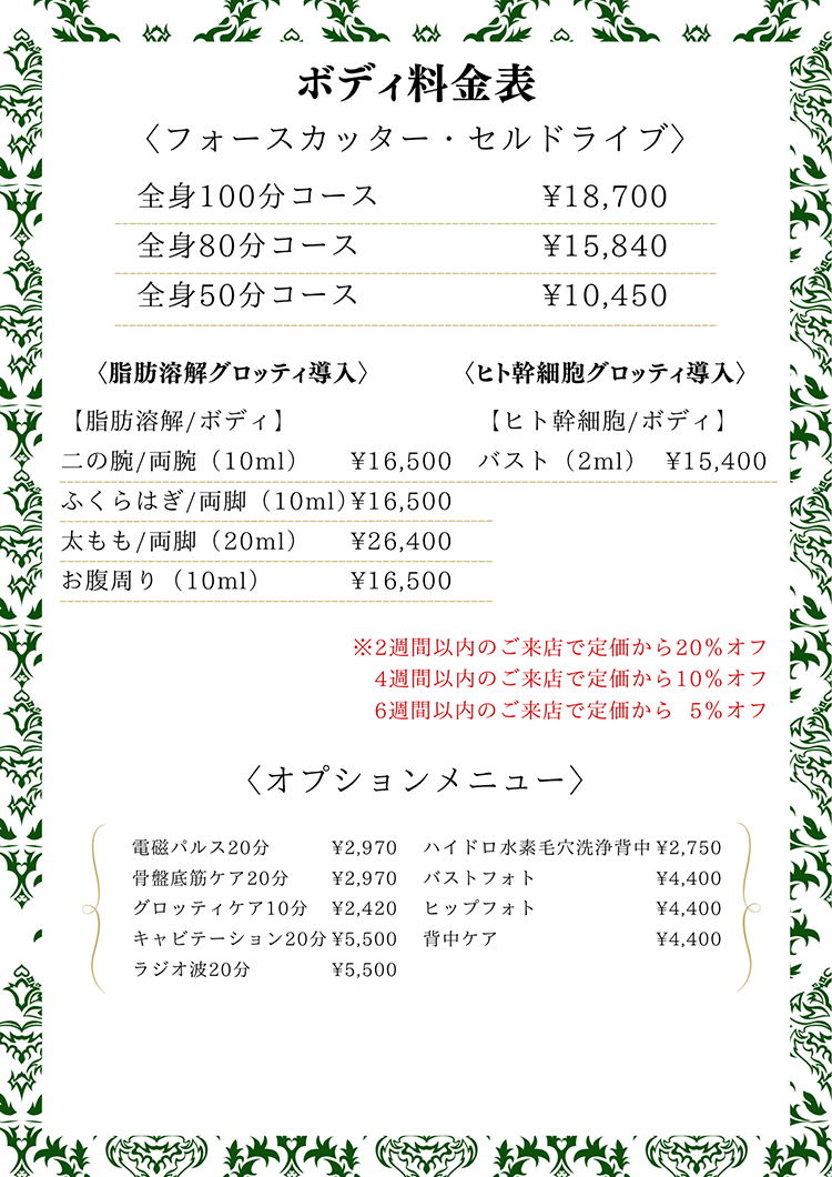 ボディエステ料金表