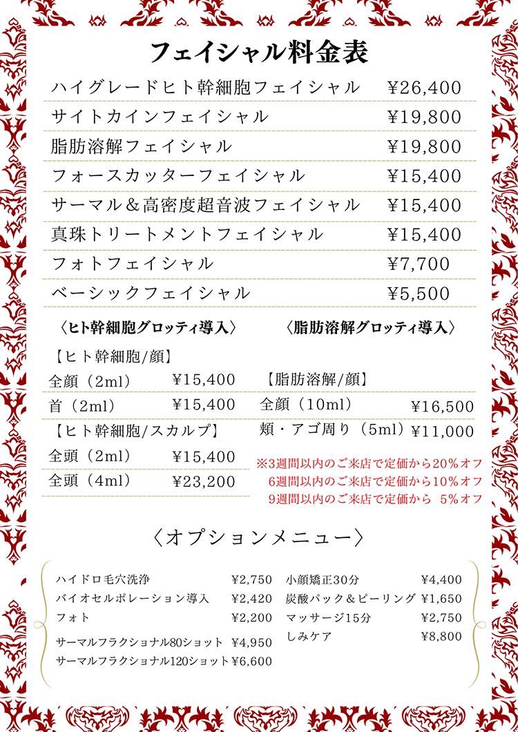 フェイシャルエステ料金表