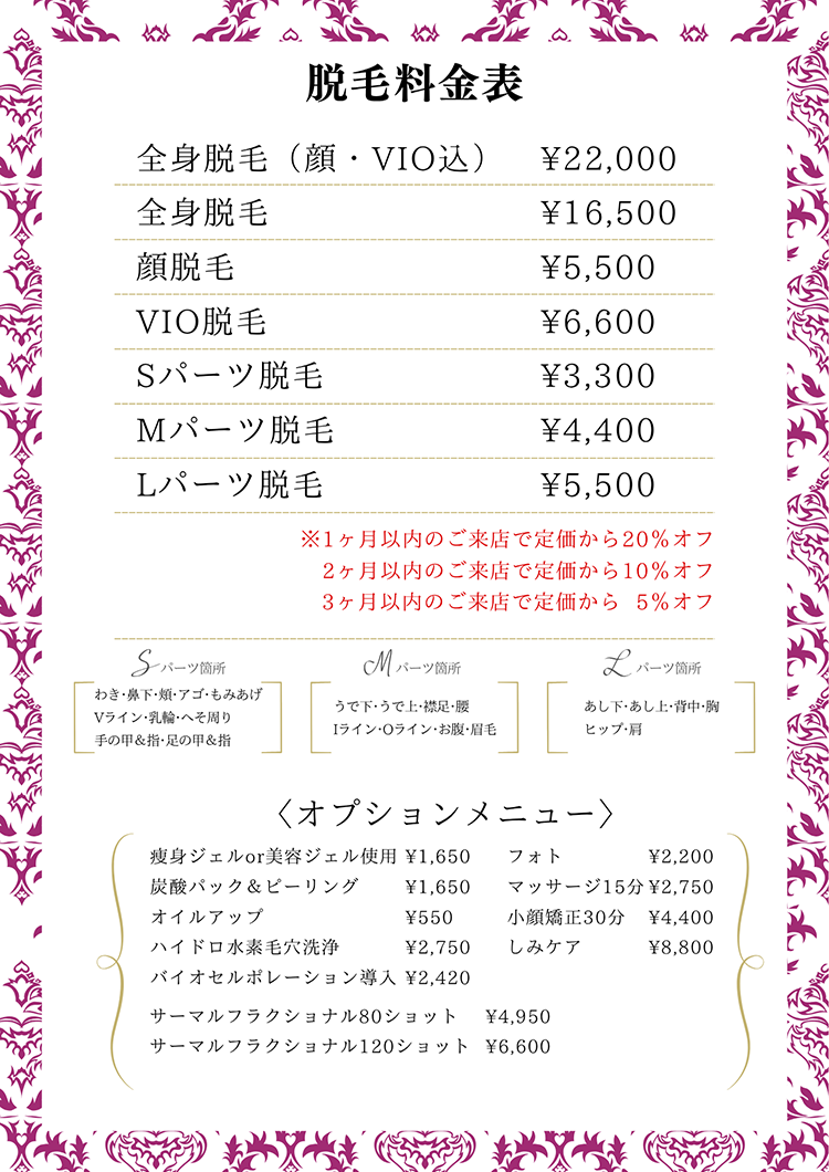 レディース脱毛料金表