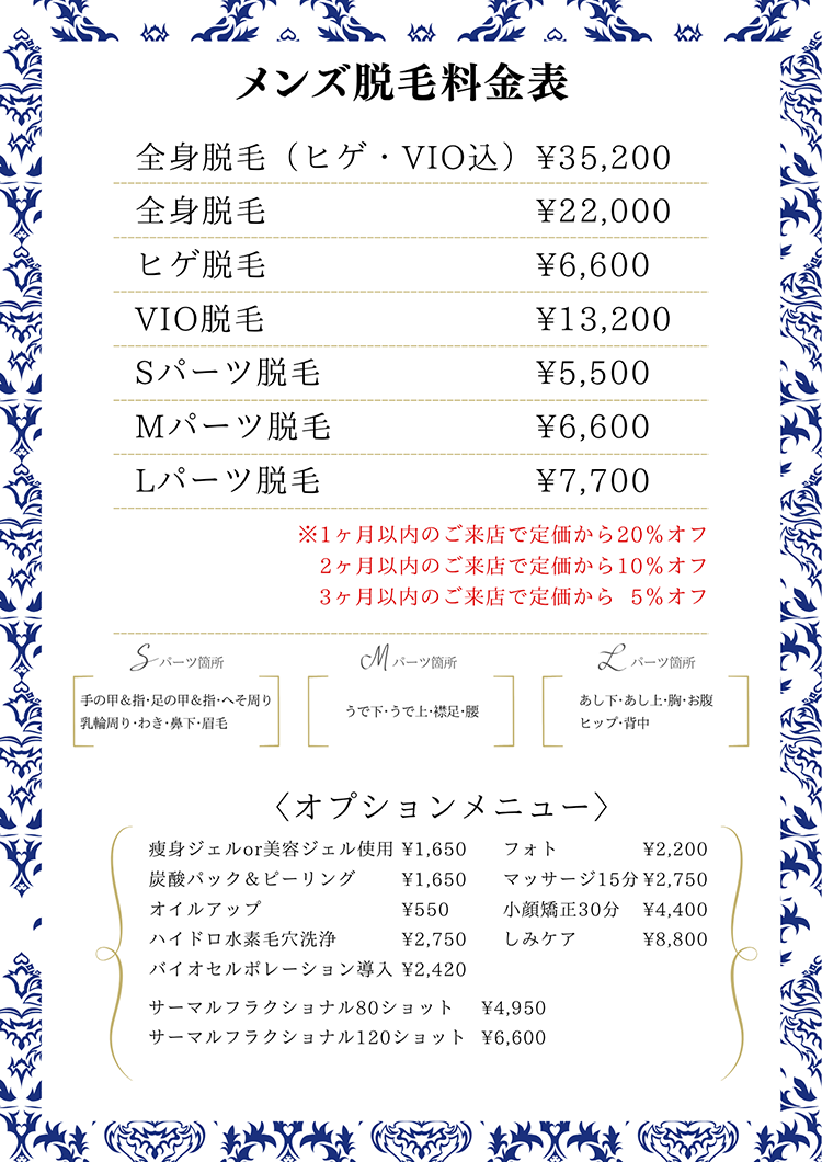メンズあ脱毛料金表